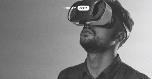 Black-and-white photo of a man wearing a VR headset, with overlay text “AR/VR Design – Your Roadmap to Immersive Success” and a Scream Pixel logo at the top.